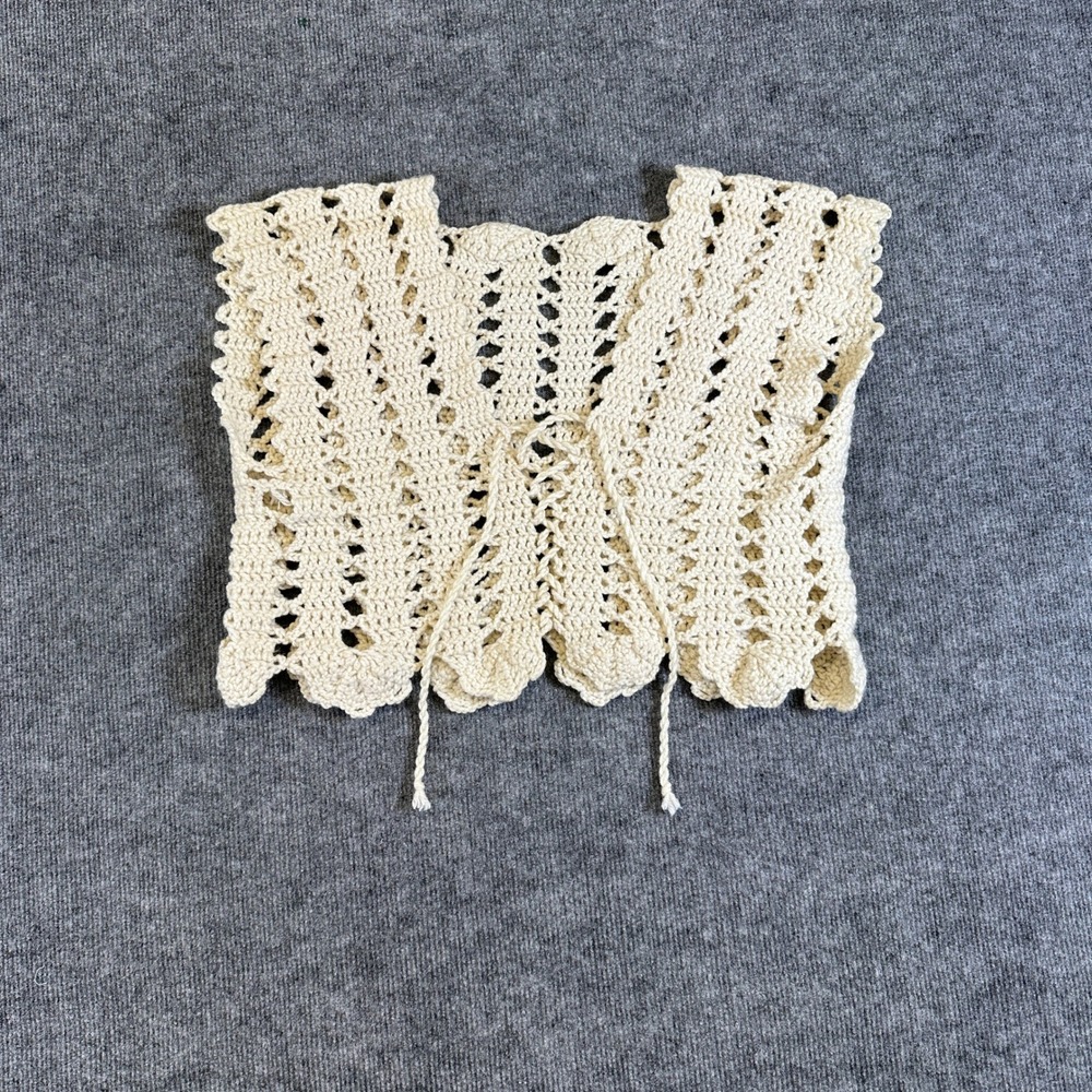 Handmade Crochet Vest Cream Scalloped Tie Front Boho Open Knit Sleeveless Top